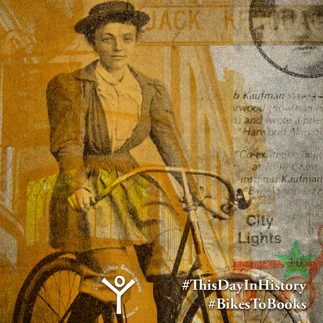 A square graphic with three layers, an old-time photo of a Victorian woman on a boneshaker bicycle, a graphic from the Bikes to Books tour map, and the front of City Lights bookstore, image text reads #thisdayinhistory #bikestobooks.