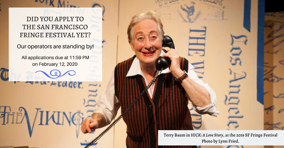 Performer Terry Baum, an elderly woman in a button down patterned vest speaks into a black telephone receiver while looking into the camera.