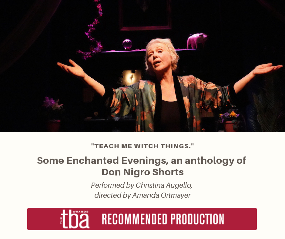 Performer Christina Augello, an elderly woman in a flowered silk robe, performing on a theatre stage against a lavender light.