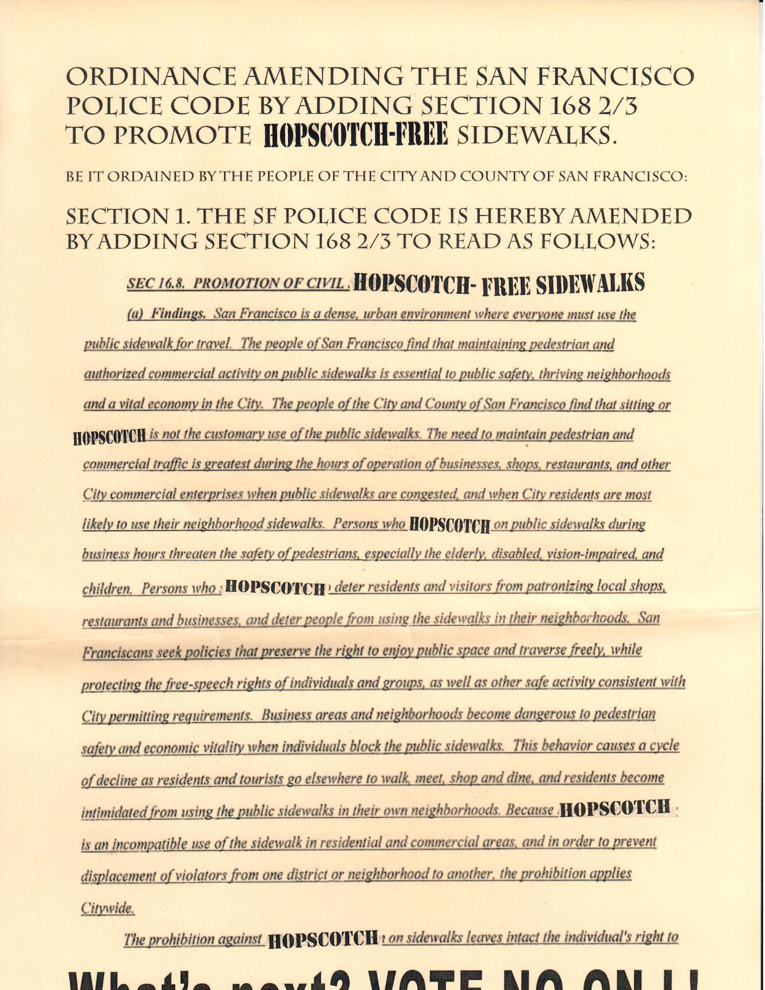 Voter's Bloc Theatre poster for HOPSCOTCH-FREE sidewalks/No on L.