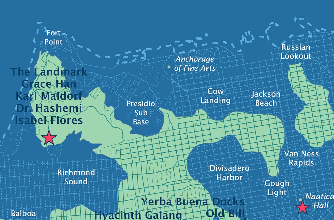 Detail of Forever Wave map zoomed in on the portion of the map that reads The Landmark, Grace Han, Karl Maldorf, Dr. Hashemi, Isabel Flores. The land is light green in color and the surrounding water is royal blue with dark blue and white text