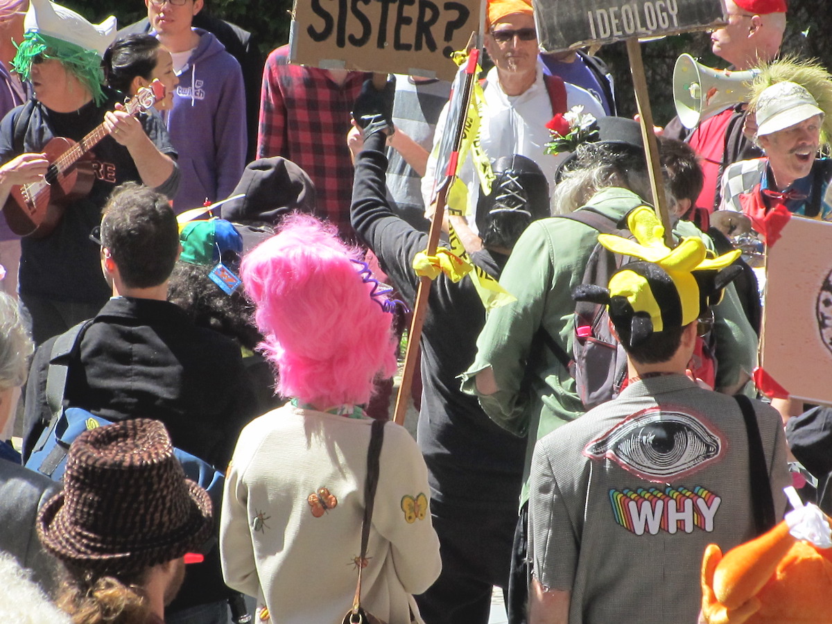 A crowd of costumed people holding silly signs march in the St. Stupid's Day Parade.