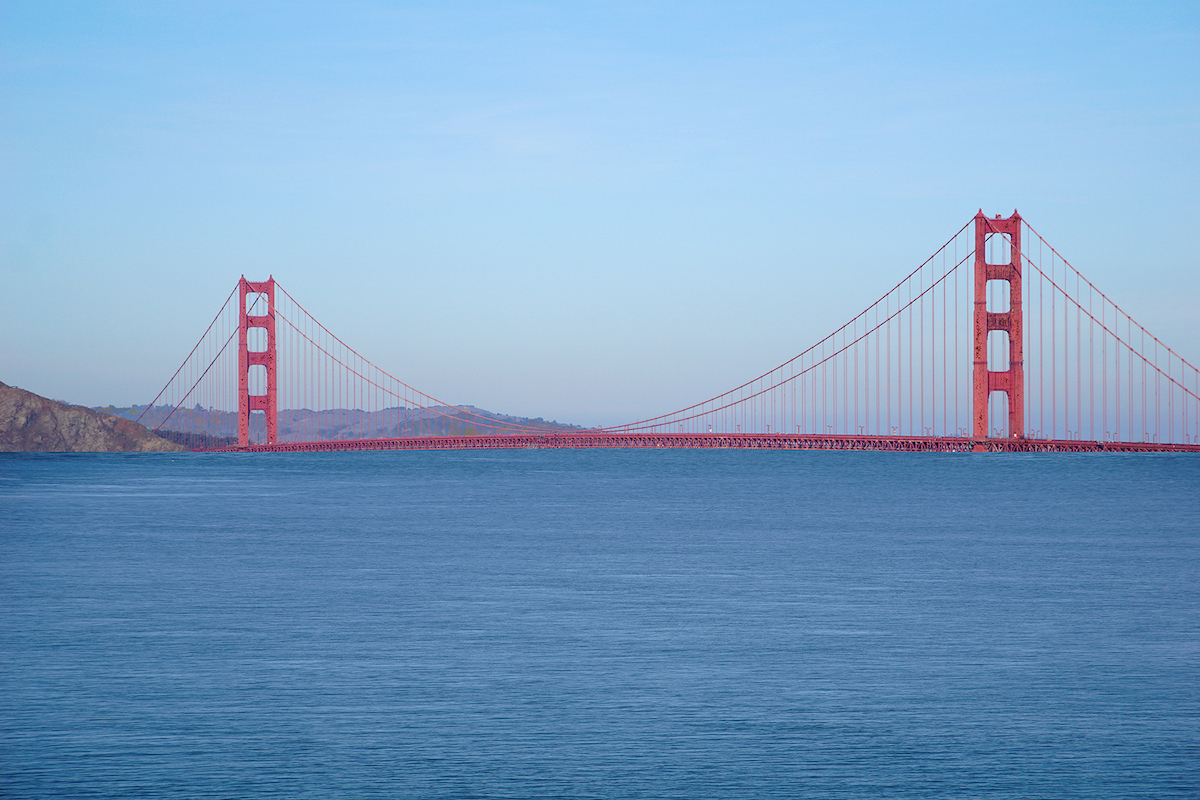 Photoshopped image of the Golden Gate Bridge in which the water of the Bay is touching the bottom of the bridge span as if after a 200 foot sea level rise.