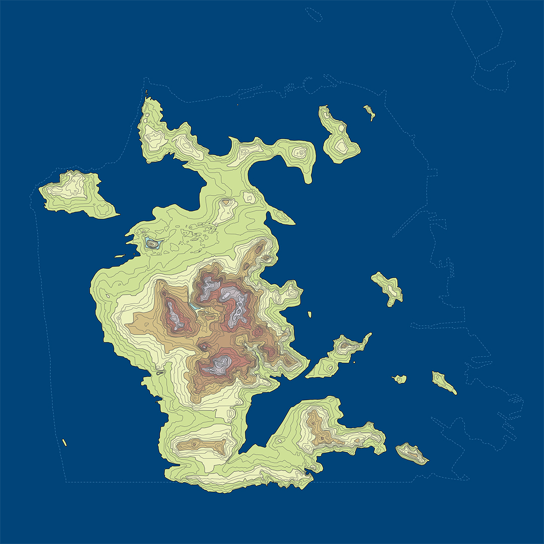 Topography map of a drowned San Francisco after a 200 foot sea level rise, the water is dark blue and the land in gradients of green for the lowest land and shades of browns for higher ground.