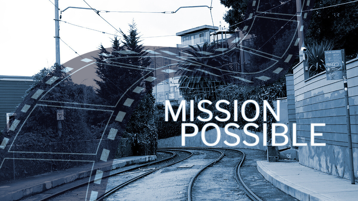 A cyanotype of a curved train track in San Francisco with a cartoon strip of fil;m superimposed over the top. Text in bold white capitals reads MISSION POSSIBLE