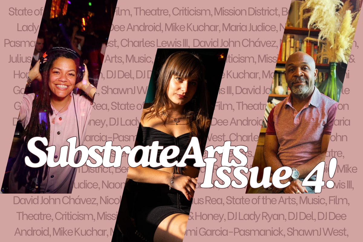 Mauve background with decorative text of the names of the featured interviewees and authors of Substrate Arts issue four. Three photos of three of the subjects are framed in leaning striped frame, bold white text reads Substrate Arts Issue 4!