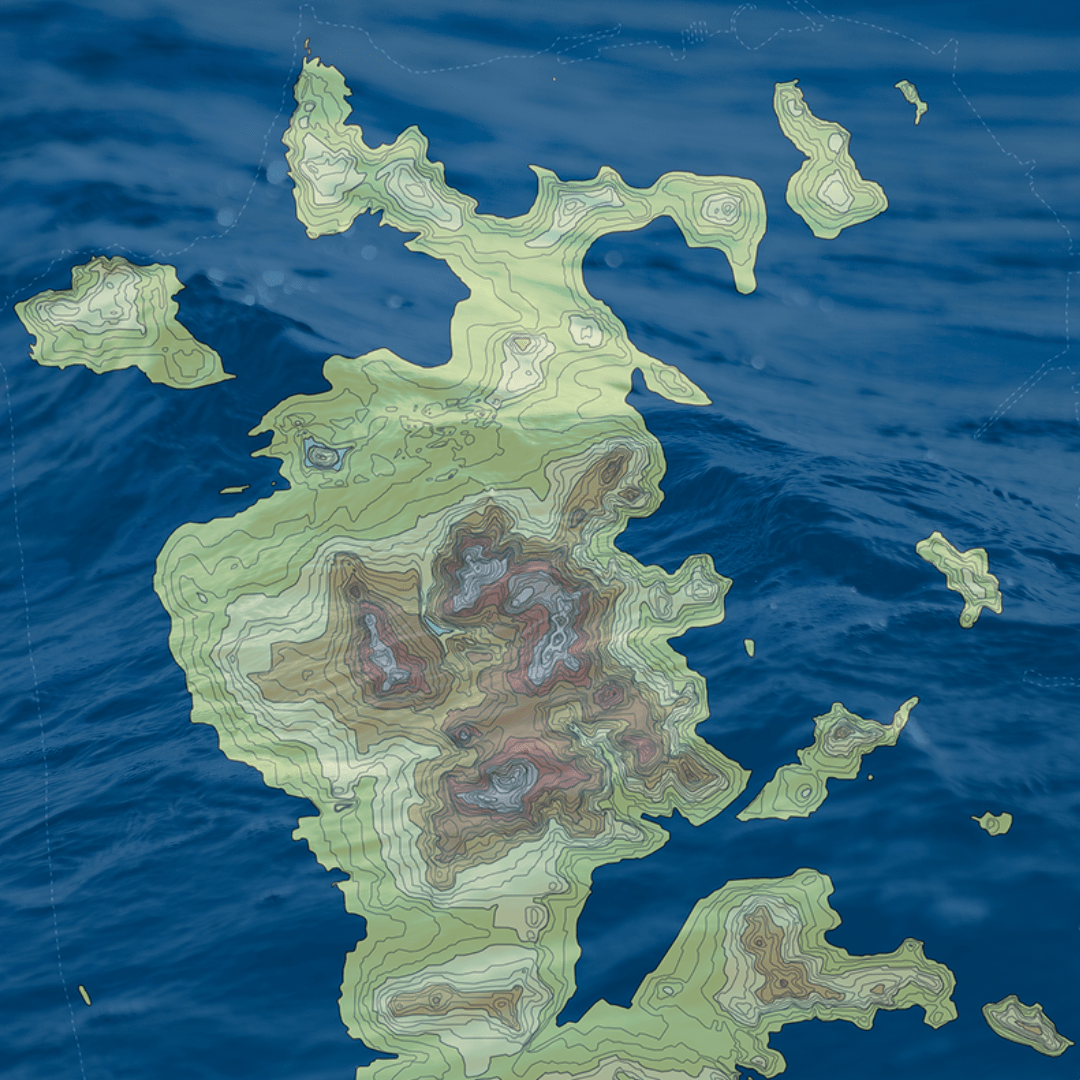 A topography of San Francisco after a 200' sea level rise, superimposed on the image of a vibrant blue wave.